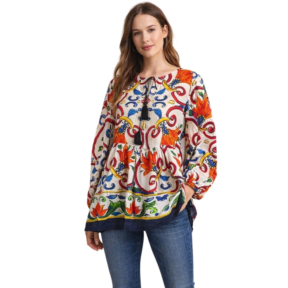 Samantha Sung Anastasia Linen Tunic Dress‎ Print Tassels Balloon Sleeve Women 8